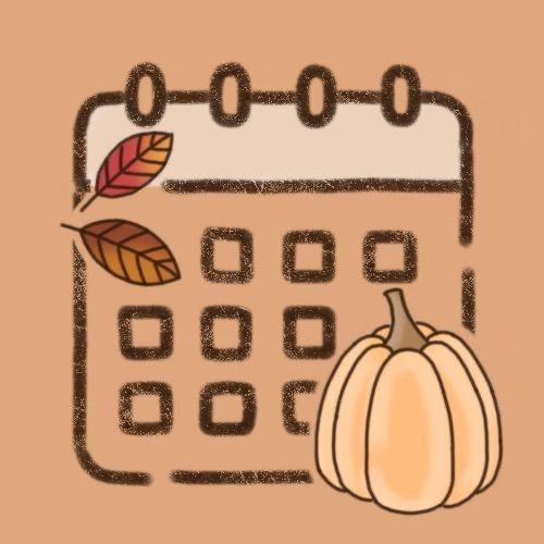 a drawing of a calendar with a fall leaf and a pumpkin on it's cover