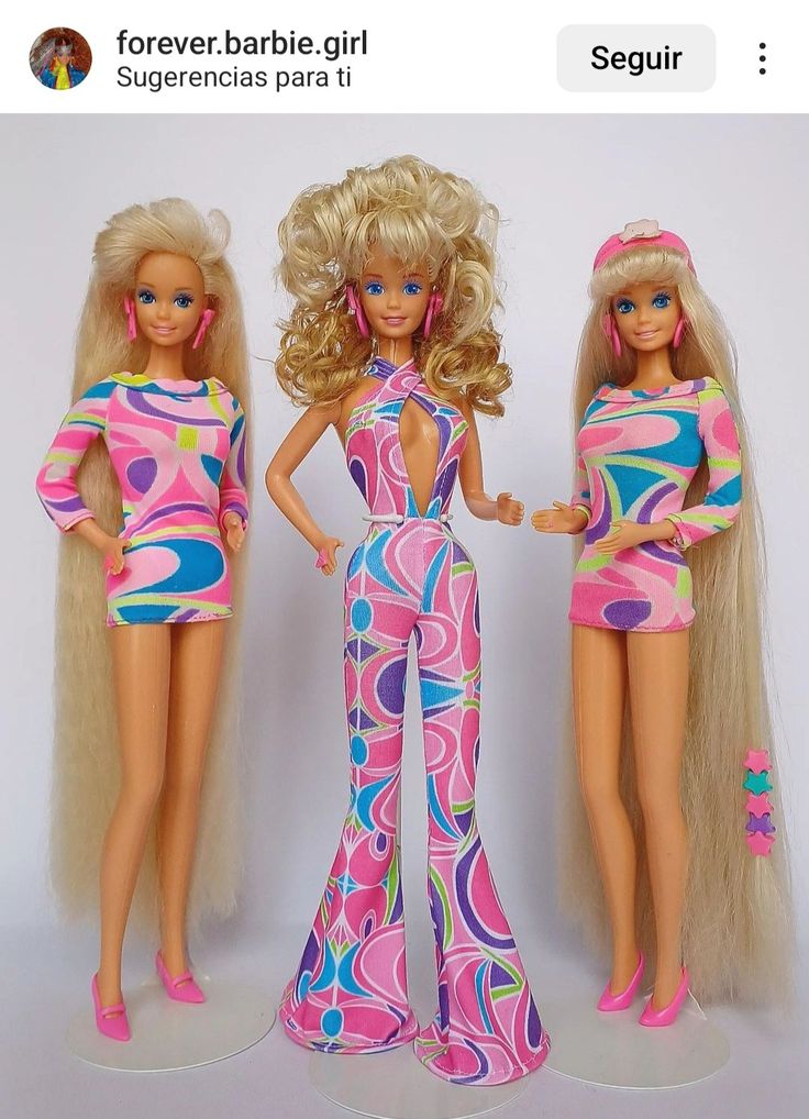 three barbie dolls standing next to each other in front of a white background with text