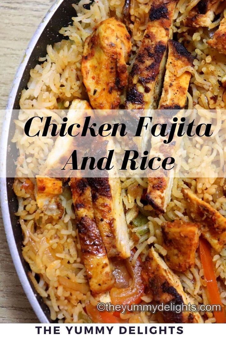 chicken and rice in a pan with the words chicken folita and rice