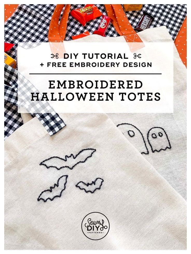 an embroidered halloween tote bag with the text diy tutorial free embroidery design