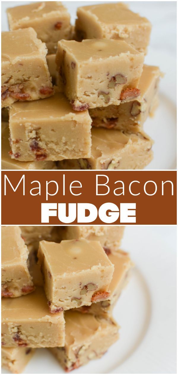 maple bacon fudge bars stacked on top of each other with the title above it