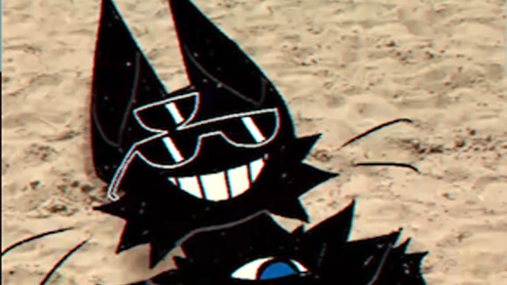 a drawing of a cat wearing glasses and a hat on the beach with sand in the background