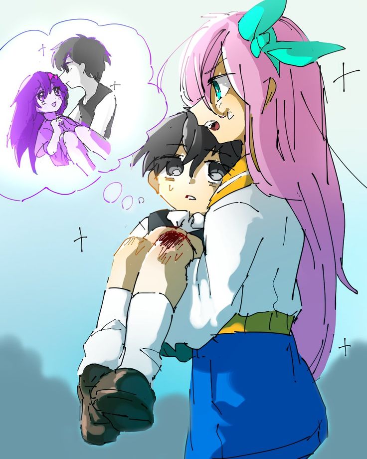 two anime characters one with pink hair and the other with purple hair, are hugging