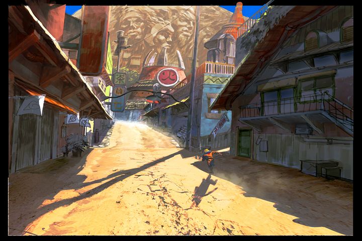 an animated image of a person walking down a street in the middle of a town