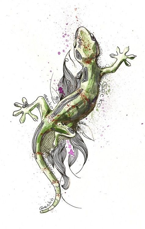 a drawing of a lizard with watercolor splashs on it's body and legs