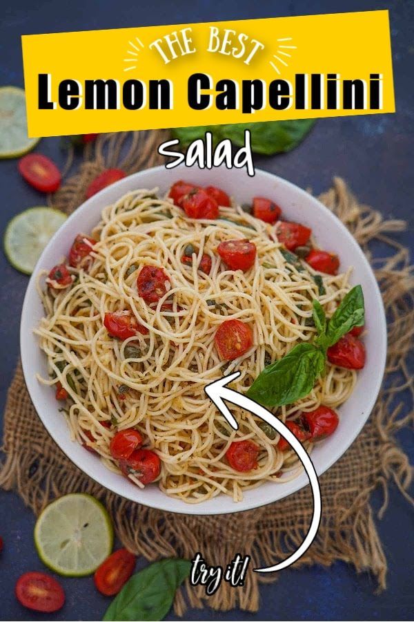 lemon capellin salad with tomatoes and basil in a white bowl