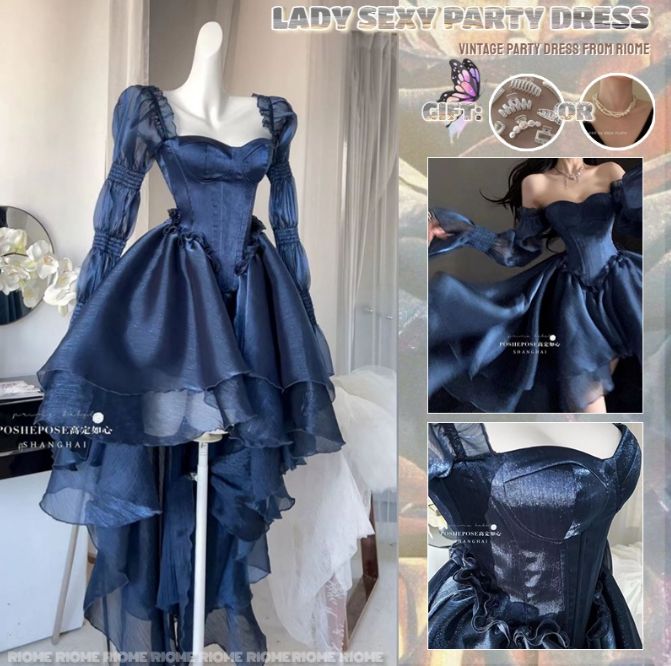 [Deep Sea Elf] Evening Dress Feminine Style Banquet Bra Light Luxury High End Dress Light Luxury Celebrity princess satin party Dress - Blue dress S Sea Elf, Themed Prom Dresses, Prom Planning, Satin Party Dress, Dress Feminine, Fashion Sketches Dresses, Blue Party Dress, Sketches Dresses, Blue Gown