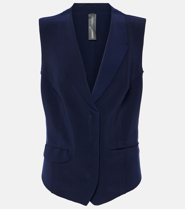 Single-breasted vest in blue - Norma Kamali | Mytheresa Fitted Vest With Padded Shoulders, Fitted Vest With Padded Shoulders And Sleeveless Design, Fitted Vest With Padded Shoulders, Sleeveless, Workwear Vest With Pockets, Tailored Sleeveless Blazer With Pockets, Sleeveless Tailored Blazer With Pockets, Sleeveless Blazer With Pockets For Work, Tailored V-neck Vest With Pockets, Sleeveless Tailored Tops With Pockets