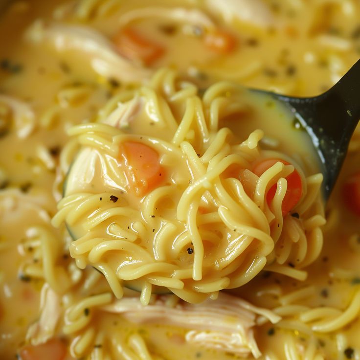 a spoon full of noodles and vegetables being held by someone