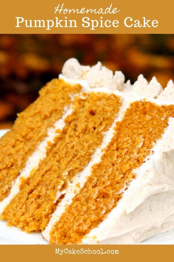 a close up of a slice of pumpkin spice cake on a plate with the words homemade pumpkin spice cake