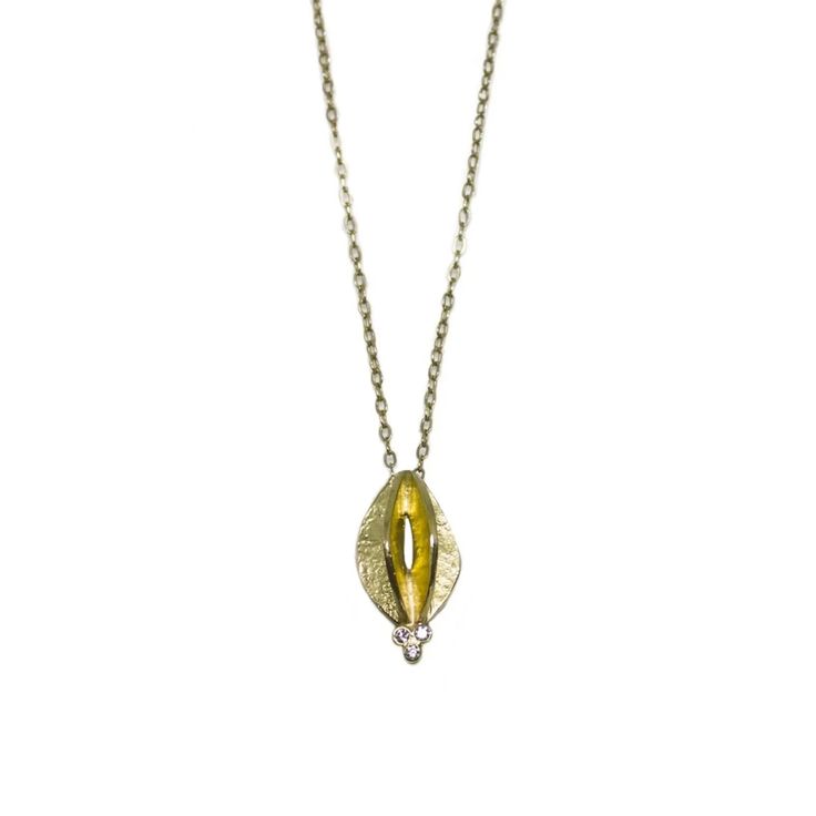 Textured and folded, this small seed pod shape tipped by 3 diamonds set in gold is sparkly unique necklace. This necklace is solid 14kt yellow gold. Gold Teardrop Pendant With Single Diamond, Gold Teardrop Pendant Jewelry With Single Diamond, Yellow Gold Diamond Necklace With Delicate Teardrop Chain, Yellow Gold Teardrop Diamond Necklace With Delicate Chain, Teardrop Yellow Gold Necklace With Single Cut Diamonds, Yellow Gold Teardrop Necklace With Single Cut Diamonds, Gold Sterling Silver Necklace With Rose Cut Diamonds, Gold Teardrop Pendant Diamond Necklace With Single Cut Diamonds, Gold Teardrop Pendant Necklace With Rose Cut Diamonds