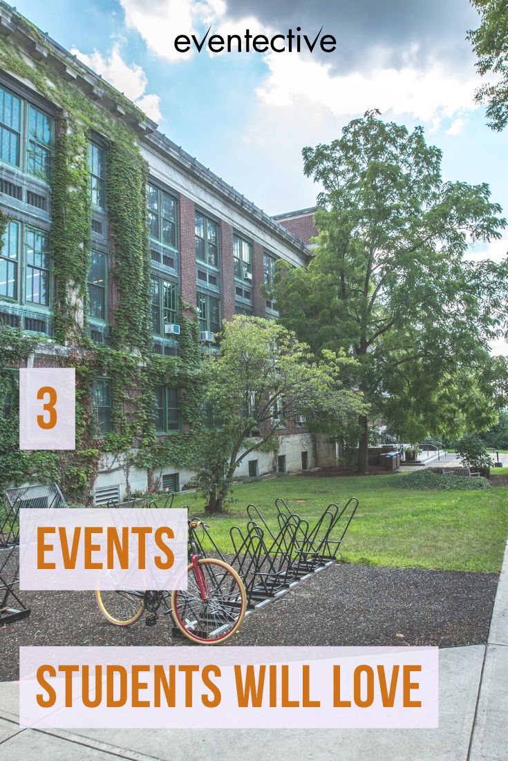 a bike parked in front of a building with the words events students will love