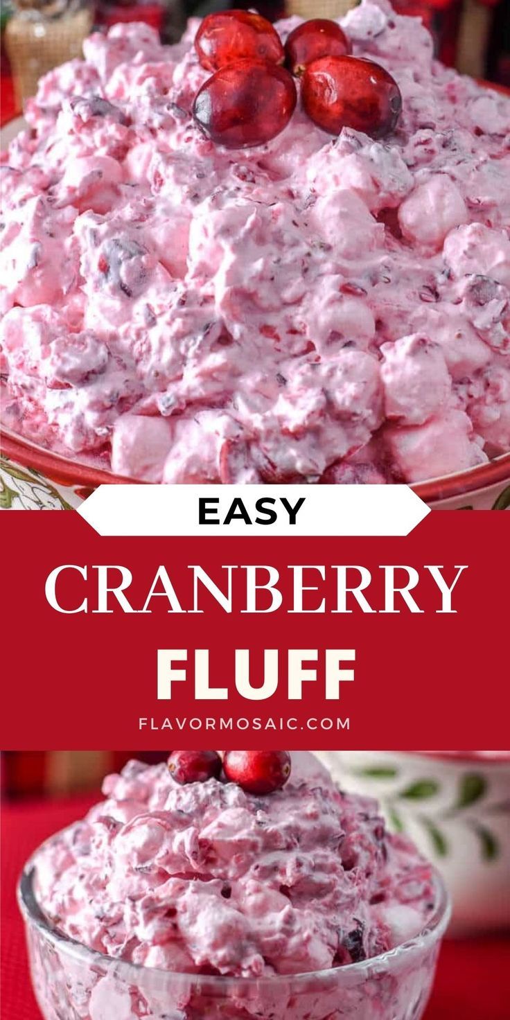 cranberry fluff salad in a glass bowl with cherries on the top