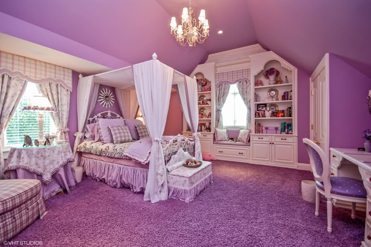 a bedroom with purple walls and carpeted flooring