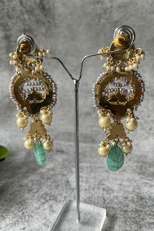 Gold polish earrings in floral crecent pattern studded with multicoloured stones and stone pearl drops. - Aza Fashions Pierced Drop Bridal Earrings For Festive Occasions, Festive Chandbali Pierced Earrings, Pierced Chandbali Bridal Earrings For Festive Occasions, Pierced Chandbali Bridal Earrings For Celebration, Festive Chandbali Bridal Earrings, Elegant Handmade Chandbalis Drop Earrings, Temple Jewelry Wedding Danglers, Temple Jewelry Style Danglers For Wedding, Temple Jewelry Danglers For Weddings