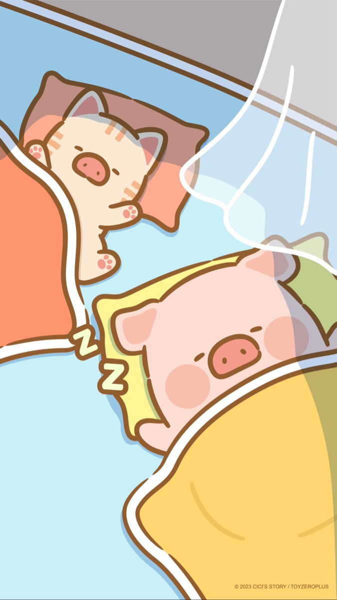 a cartoon pig sleeping in bed with his head on the pillow and another person laying down next to him