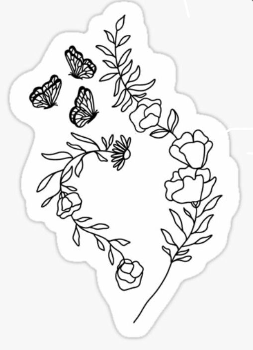 a black and white drawing of flowers with butterflies