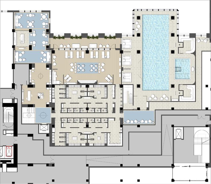 the floor plan for an indoor swimming pool and hot tub in a large building with multiple pools