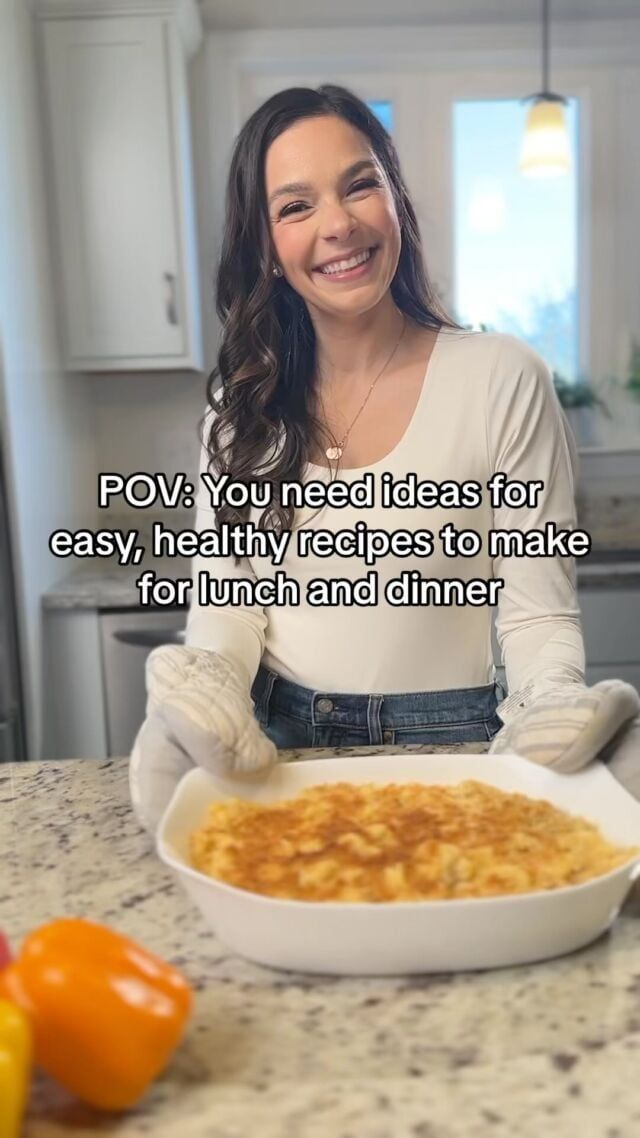 a woman sitting at a table with a bowl of food in front of her and the words pov you need ideas for easy, healthy recipes to make for lunch and dinner