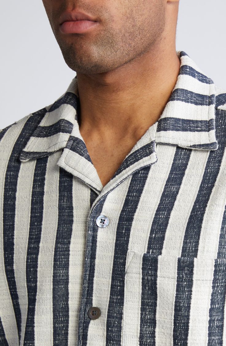 Raised texture defines the softly hued stripes of this short-sleeve button-up crafted from a cotton-rich blend and finished with a notched collar. 28 1/2" length; 42" chest (size Medium) Front button closure Notched collar Short sleeves Chest patch pocket 50% polyester, 40% cotton, 10% viscose Machine wash, dry flat Imported Stylish Men Casual, Camp Shirt, Beach Wears, Short Sleeve Button Up, Notched Collar, Camping Shirt, Navy Stripes, Beach Wear, Chest Size