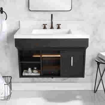 a bathroom with a sink, mirror and towel rack on the wall next to it