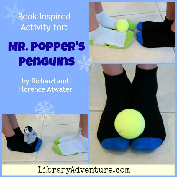 the book is about mr popper's penguins with pictures of their feet and tennis balls