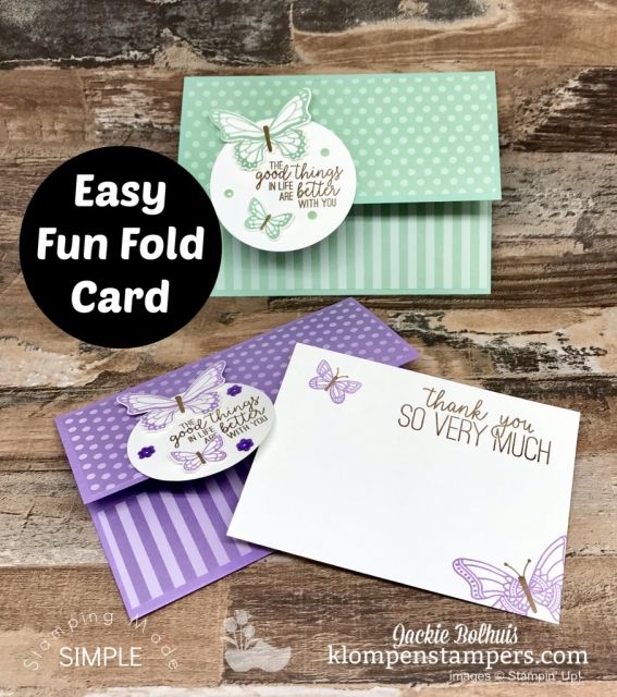 three cards with the words easy fun fold card on them, and two envelopes