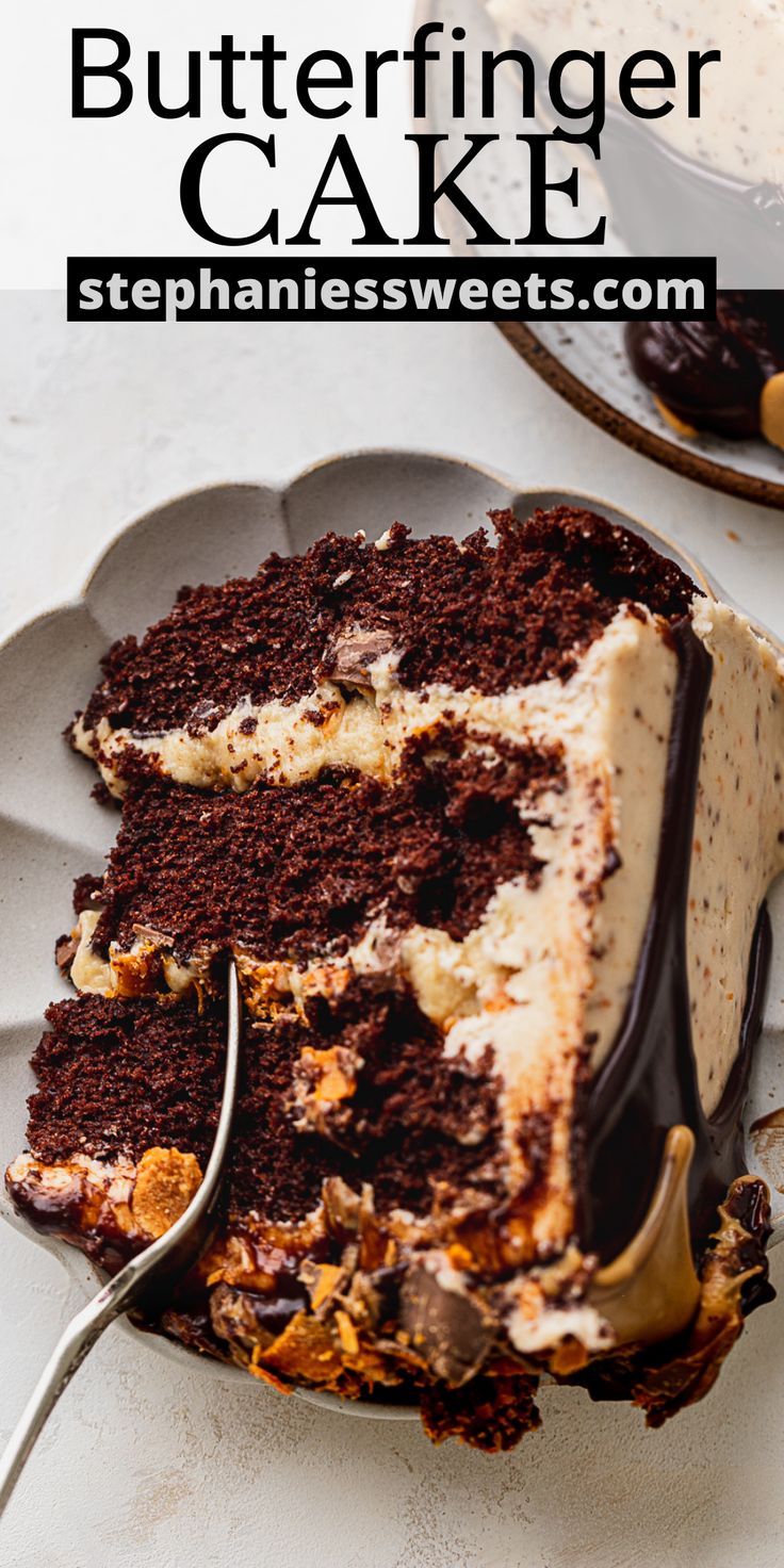 a slice of chocolate butterfinger cake on a plate