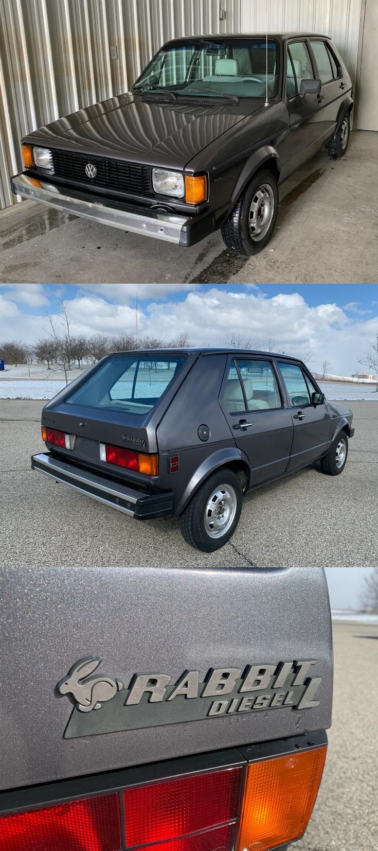 an old car is parked in front of a building and another photo shows the back end of