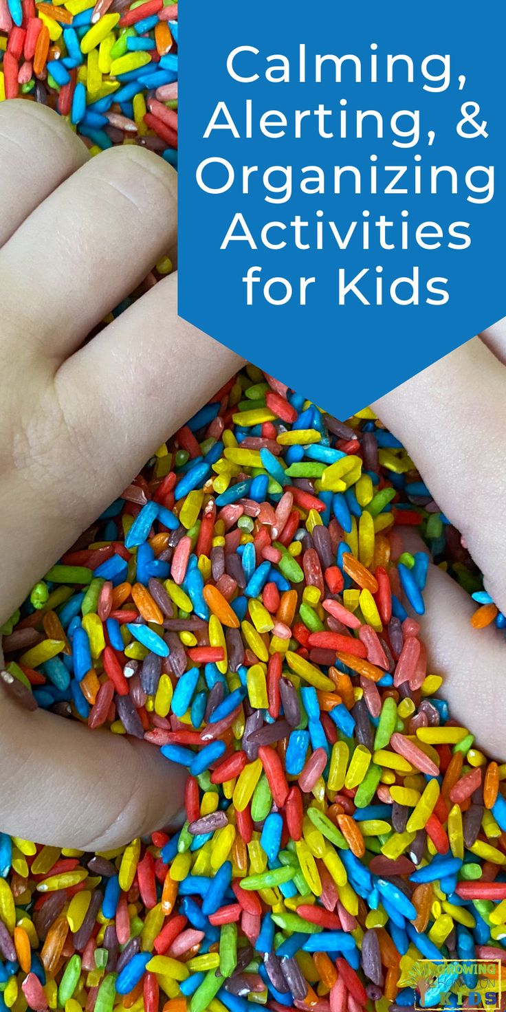 Rainbow colored rice and child's hands playing in the rice. Blue text overlay with white text that says "Calming, Alerting, and organizing activities for kids." Gross Motor Area In Classroom, Sensory Circuit Ideas, Sensory Circuit Activities, Sensory Circuits, Proprioception Activities, Sensory Strategies, Asd Activities, Sensory Integration Activities, Proprioceptive Activities