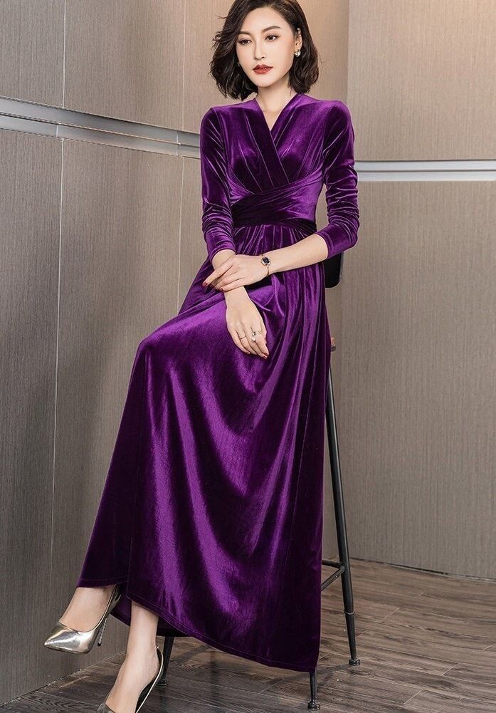 V Neckline Dress, Purple Velvet Dress, Wrap Dress Long, Loose Fit Dress, Velvet Dress Long, Dress Wrap, Neckline Dress, Flared Dress, Loose Fitting Dresses