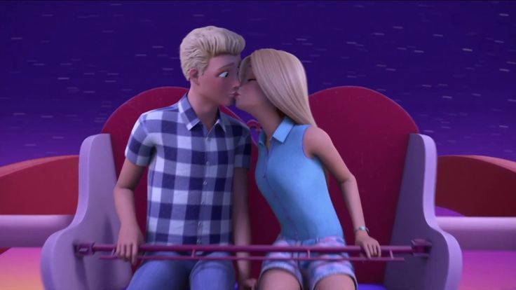 a man and woman sitting on a bench in front of a purple background, kissing