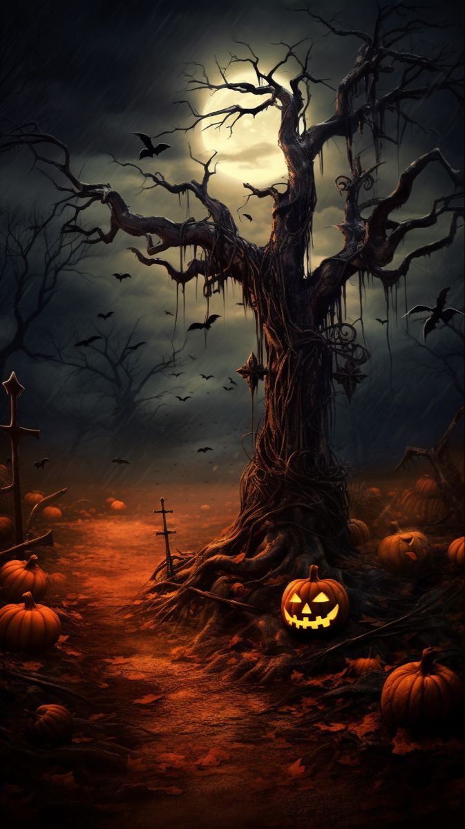 a halloween scene with pumpkins on the ground and an old tree in the background