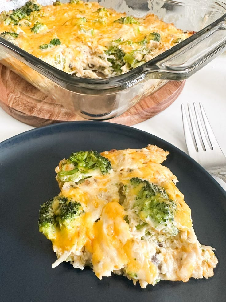 a casserole dish with broccoli and cheese in it on a plate