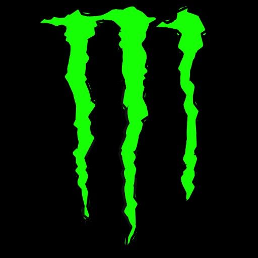 the monster logo in neon green on a black background with white and red lettering that reads,