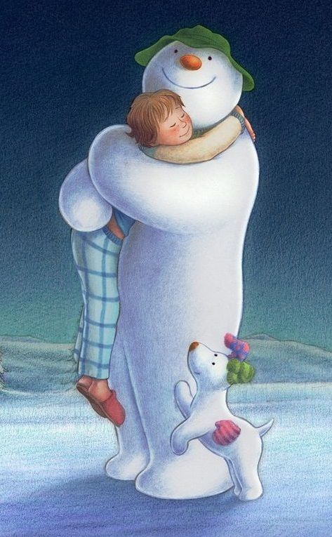 a drawing of a child hugging a snowman