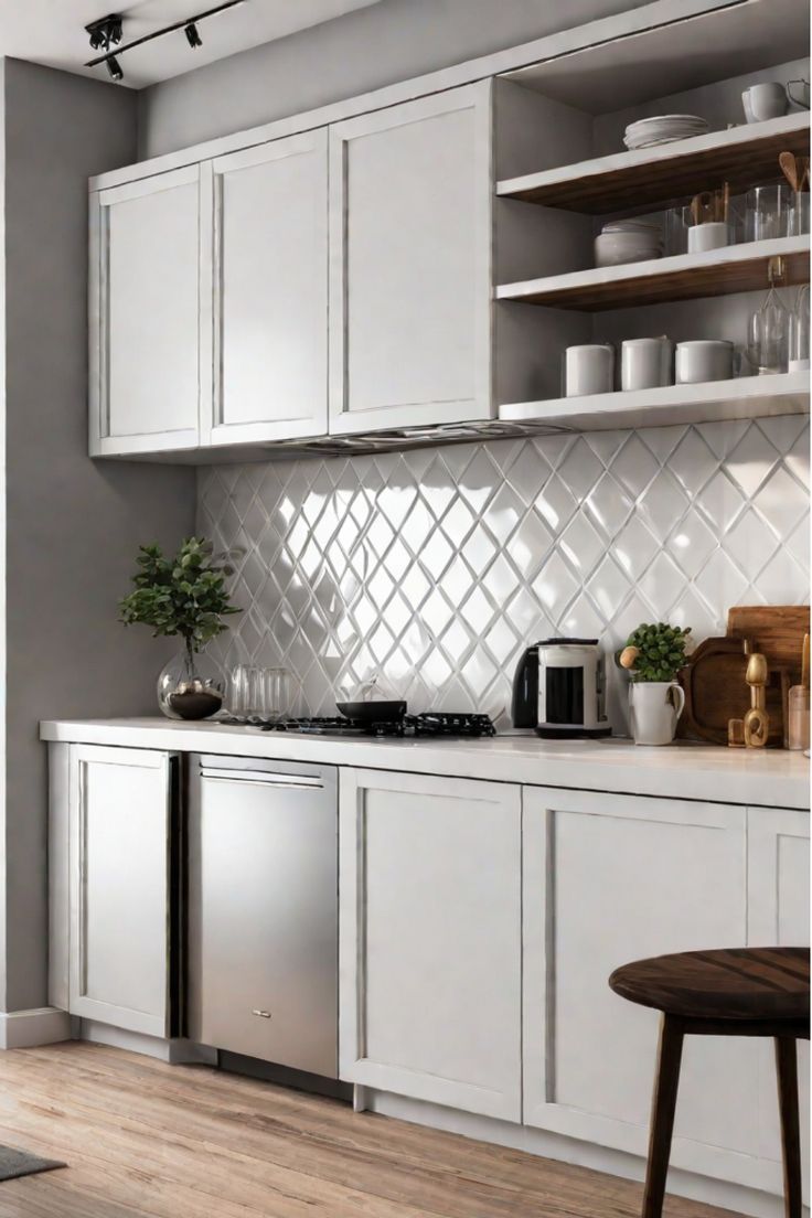 Kitchen with a window backsplash that brings in natural light and a connection to the outdoors, making the space feel more spacious Small Kitchen Backsplash, Small Kitchen Tiles, Mirrored Tile, Kitchen Big, Mirror Backsplash, White Backsplash, Large Format Tile, Metal Tile, Kitchen Wall Tiles