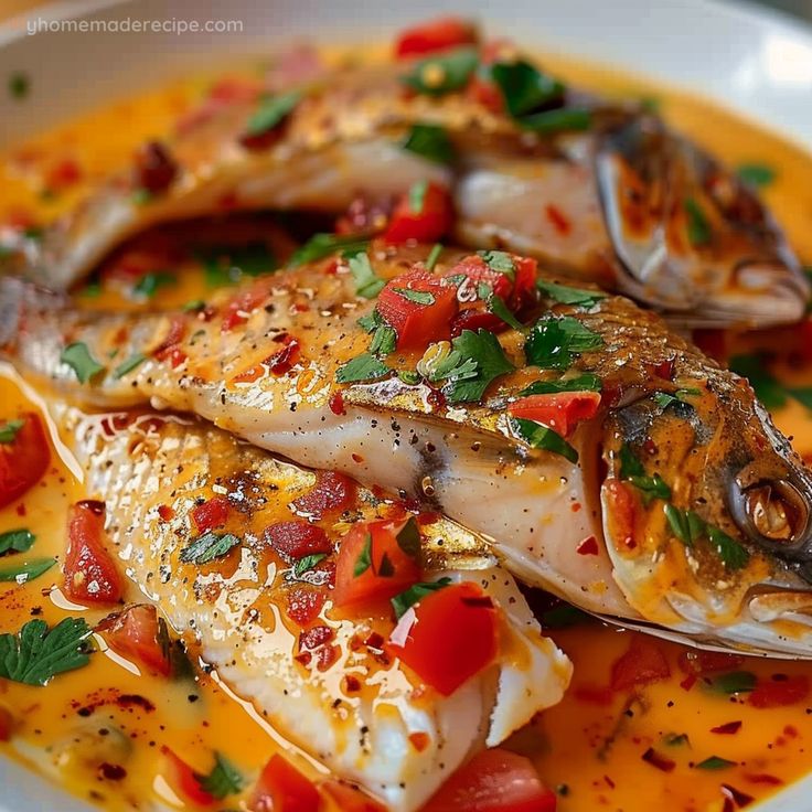 fish with tomatoes, onions and parsley in a yellow sauce on a white plate