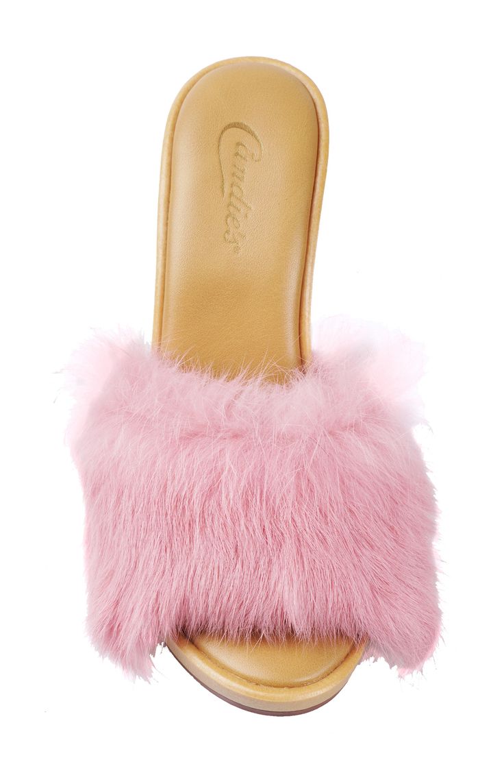 Plush faux fur gives dimensional texture to this statement-making slide sandal that's raised on a lofty heel. 4 1/4" heel; 3/4" platform Textile faux-fur upper and lining/synthetic sole Imported Fluffy Faux Fur Open Toe Slippers, Spring Open Toe Sandals With Feather Trim, Sandal Women, Slide Sandals, Womens Sandals, Faux Fur, Size 10, Nordstrom, Sandals