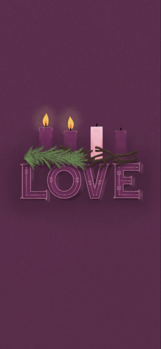 the word love is surrounded by candles and greenery on a purple background with green leaves