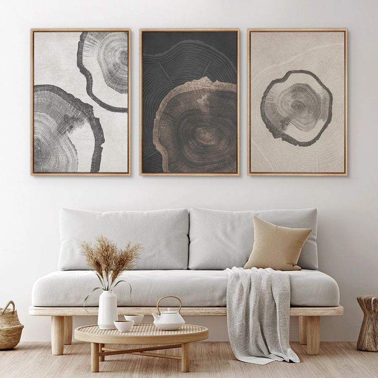 three paintings on the wall above a couch in a living room with wood flooring