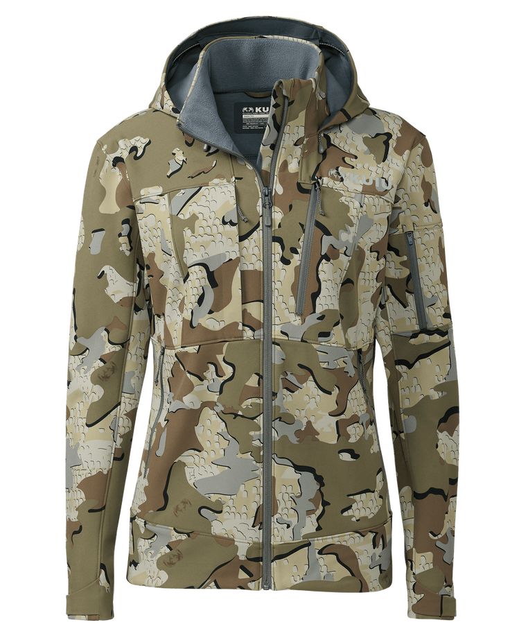 a women's camo jacket with hood and zippers on the chest, front view