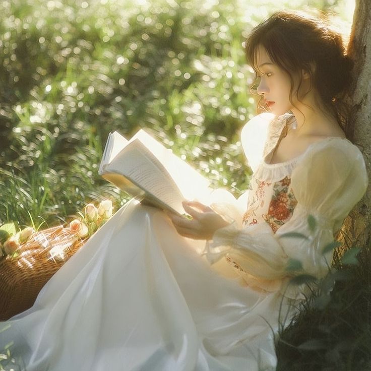 a woman sitting under a tree reading a book in the grass with sunlight streaming through her hair