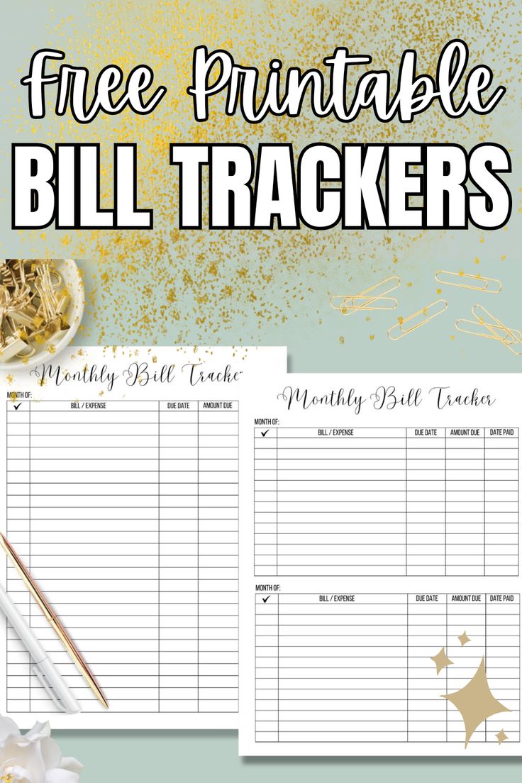 the free printable bill tracker is shown with gold stars and confetti on it