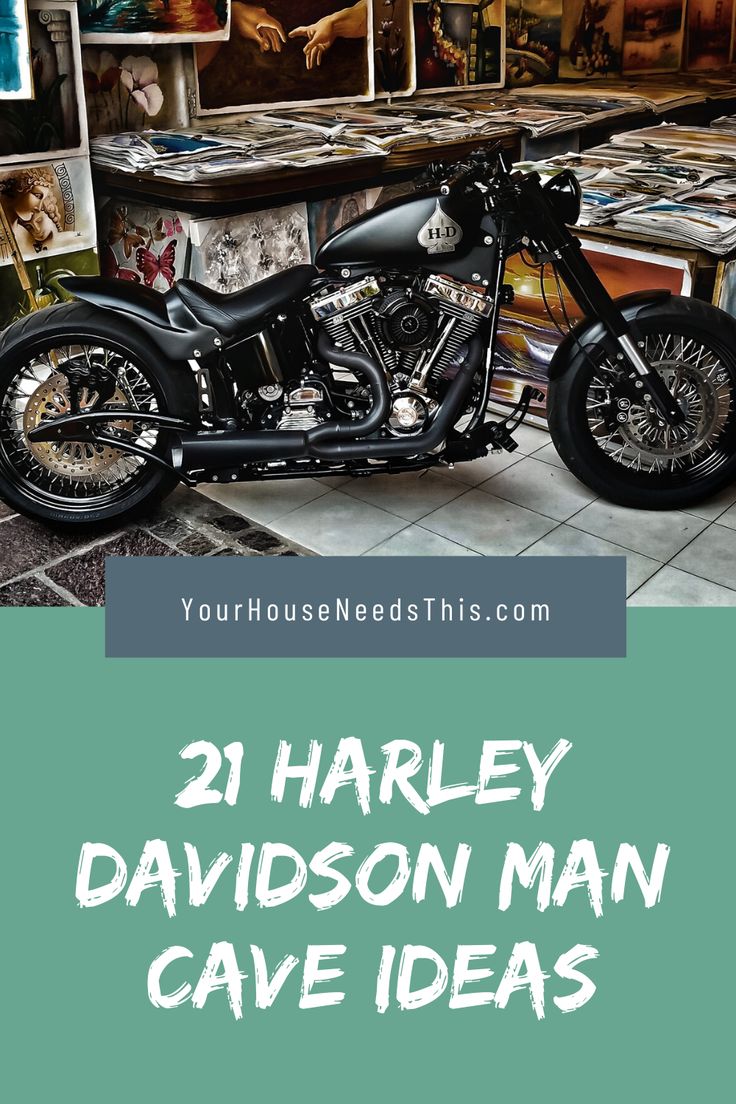 a black motorcycle parked in front of a wall with pictures on it and the words, 21 harley davidson man cave ideas