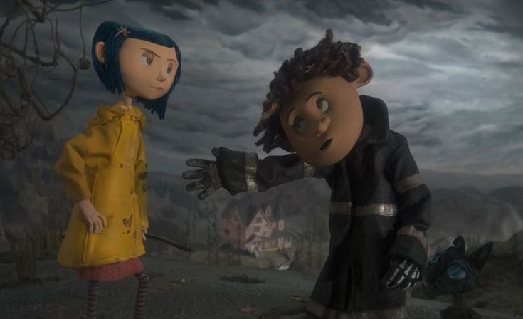 two cartoon characters standing next to each other in front of a dark sky with clouds