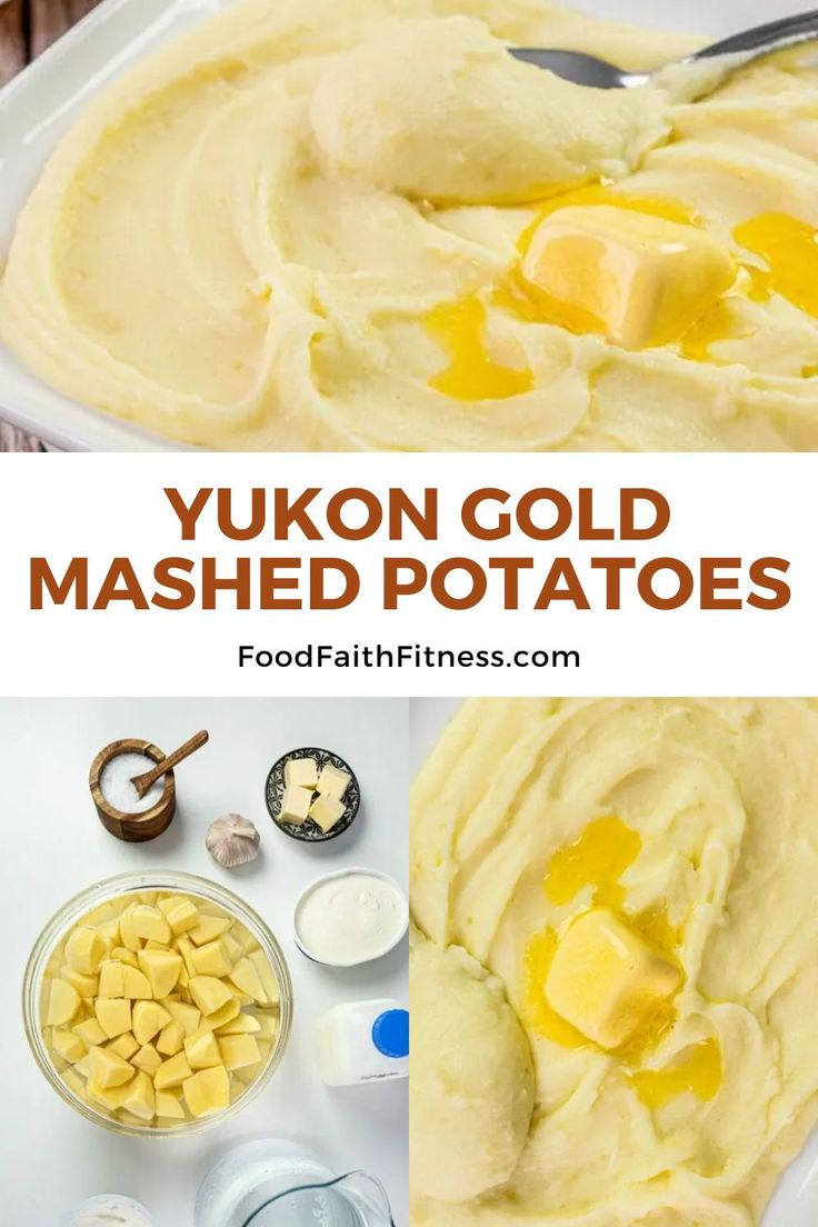 the ingredients to make yukon gold mashed potatoes are in bowls and on plates