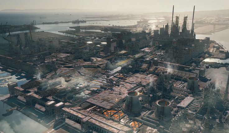 ArtStation - Industrial city 001 Sci Fi Industrial City, Futuristic Industrial City, Starsector Art, Cyberpunk City Concept Art, Factory Concept Art, Futuristic Factory, Sci Fi Building, Industrial City, Industrial District