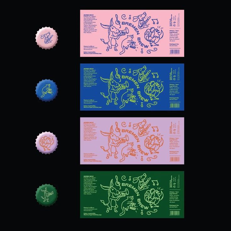 three different colored labels with designs on them, one is blue and the other has green