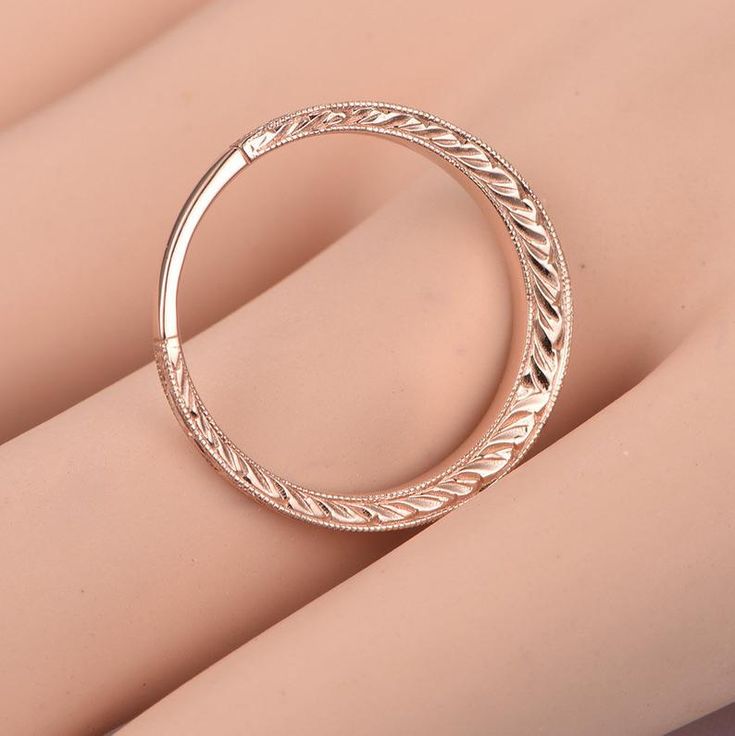 Solid 14k rose gold wedding band filigree eternity ring floral | Etsy Luxury Hoop Wedding Jewelry, Rose Gold Filigree Wedding Jewelry, Rose Gold Filigree Jewelry For Wedding, Rose Gold Wedding Bands Fine Jewelry, Rose Gold Fine Jewelry With Intricate Design For Wedding, Wedding Jewelry Bangle With Decorative Band, Rose Gold Stackable Rings With Diamond Cut, Elegant Rose Gold Rings With Decorative Band, Rose Gold Engraved Jewelry For Wedding